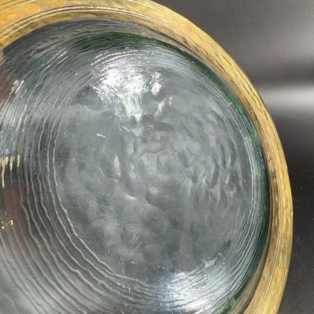 Vintage Italian Hand Made Fused Art Glass Plate Dish Transparent Green With Gold